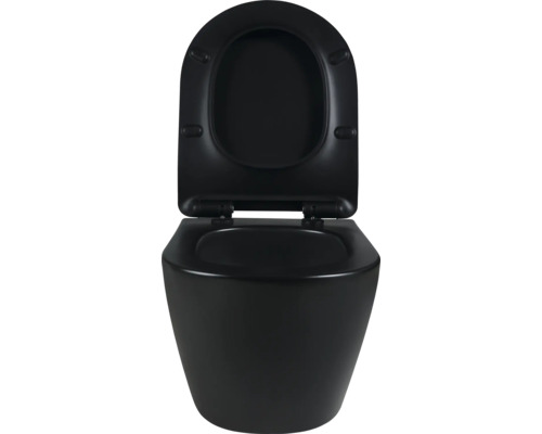 Toaletă neagră cu sifonare adâncă, cu capacul deschis