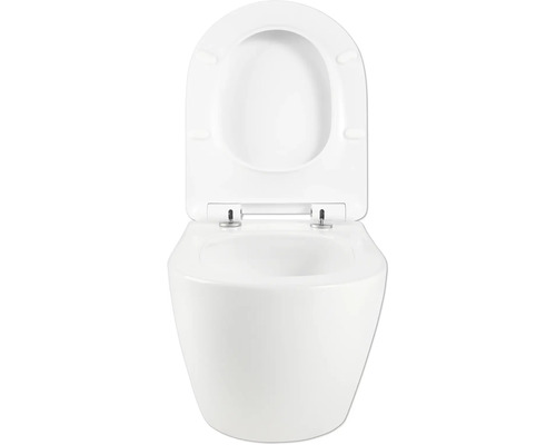 Vas WC suspendat cu spălare profundă, margine deschisă de spălare și capac de toaletă