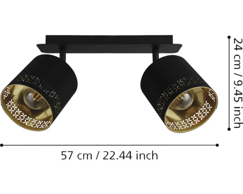 Lumină de tavan cu două spoturi și indicații de dimensiuni.