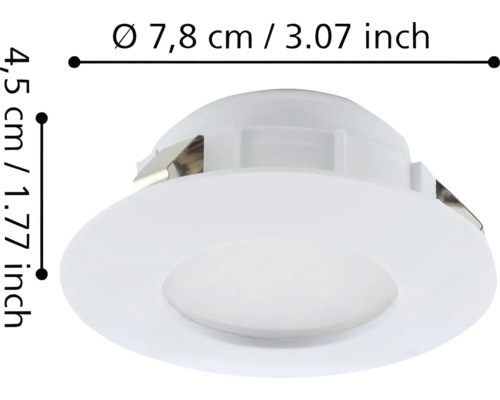 Dimensiunile unui spot rotund încastrat cu un diametru de 7,8 centimetri și o înălțime de 4,5 centimetri