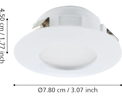 Spot încastrat cu dimensiunile de 7,80 cm în diametru și 4,50 cm înălțime