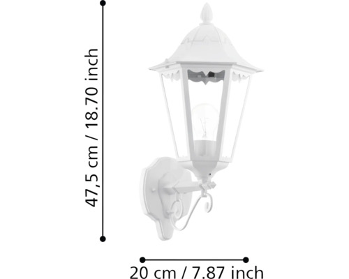 Lumină de perete exterioară albă cu dimensiunile de 47,5 cm înălțime și 20 cm lățime.