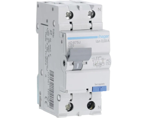 Întreruptor diferențial RCBO 1P+N 25A 4,5kA/30mA, curbă C, tip AC