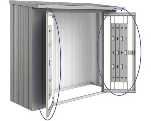 Magazie metalică de grădină cu ușă dublă deschisă