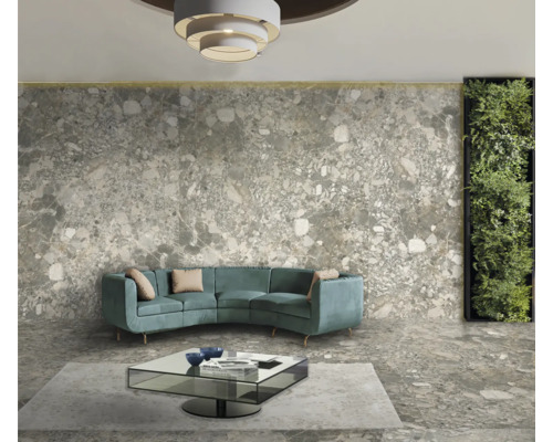 Cameră de zi cu gresie de podea și faianță cu aspect de piatră, canapea, măsuță de cafea și grădină verticală