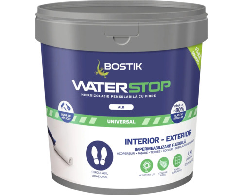 Membrană hidroizolație Bostik Waterstop fibre alb 5 kg Recipient cu hidroizolație lichidă Bostik Waterstop pentru interior și exterior
