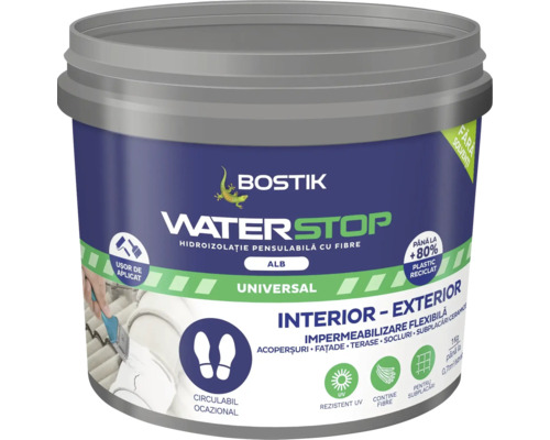 Membrană hidroizolație Bostik Waterstop fibre alb 1 kg Găleată Bostik Waterstop Universal, potrivită pentru interior și exterior