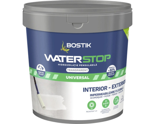 Soluție pentru hidroizolație membrană Bostik Waterstop transparent 4 litri Găleată Bostik Waterstop Universal Transparent pentru interior și exterior