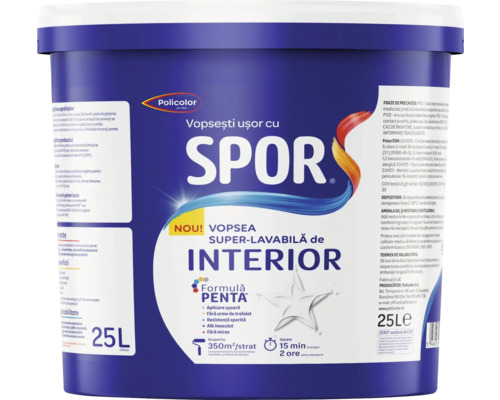 Vopsea superlavabilă pentru interior Spor formulă Penta albă 25 l Vopsea superlavabilă pentru interior Spor formulă Penta albă 25 l