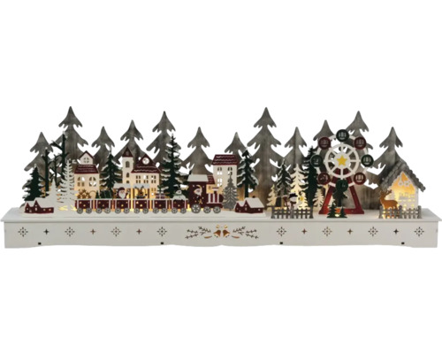 Peisaj decorativ de Crăciun din lemn cu case, copaci, tren și roată Ferris