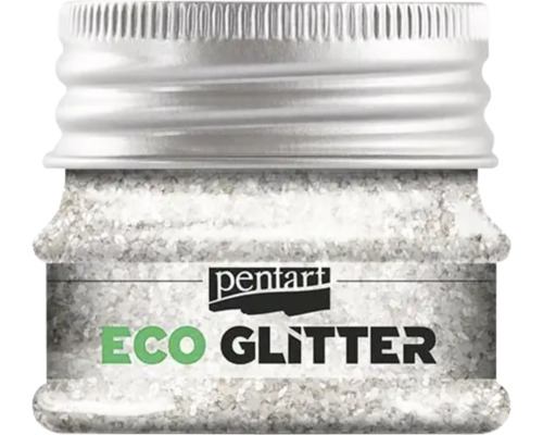 Sclipici natural Eco Glitter Pentart argintiu 15 g, textură fină Sclipici Eco Pentart în recipient de sticlă cu capac metalic