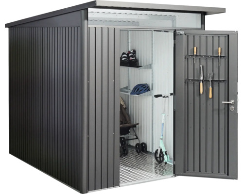 Magazie de scule cu ușa deschisă și unelte de grădină