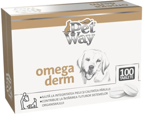 Supliment nutritiv pentru câini Petway Omega Derm 100 tablete Pet Way Omega Derm supliment alimentar pentru câini, 100 comprimate, ambalaj
