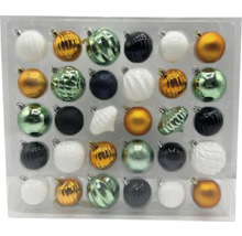 Asortiment de globuri de pom de Crăciun în diferite modele și suprafețe