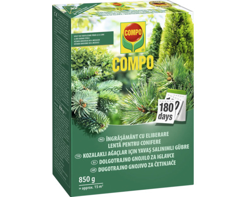 Îngrășământ cu eliberare lentă pentru conifere Compo 850 g Îngrășământ Compo cu eliberare prelungită pentru conifere, pachet de 850 grame