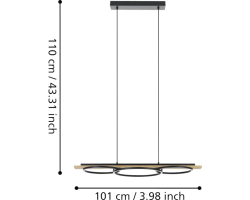 Lumină suspendată cu trei inele și dimensiuni de 110 cm înălțime și 101 cm lățime