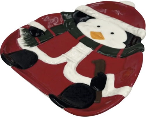 Platou decorativ de servire cu motiv pinguin pentru ocazii festive.