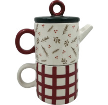 Ceainic cu ceașcă, cu model în carouri și motive cu plante