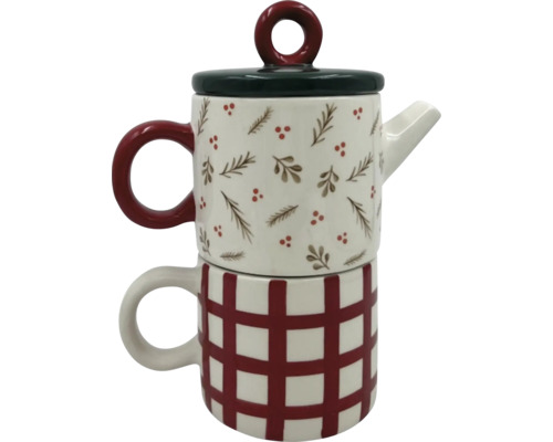Ceainic cu ceașcă, cu model în carouri și motive cu plante