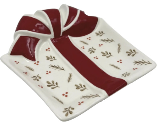 Bol decorativ în formă de cadou cu fundă și model de Crăciun