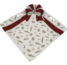 Farfurie pătrată din porțelan cu motiv de panglică și fundă de cadou