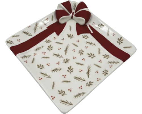 Farfurie pătrată din porțelan cu motiv de panglică și fundă de cadou