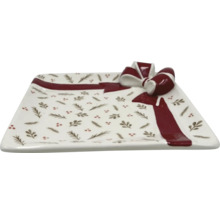 Platou decorativ dreptunghiular cu motiv de fundiță și model de plante.