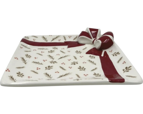Platou decorativ dreptunghiular cu motiv de fundiță și model de plante.