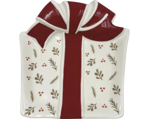 Farfurie Crăciun Lafiora ceramică 17,9x18,3 cm Bol decorativ în formă de cadou cu fundă și model