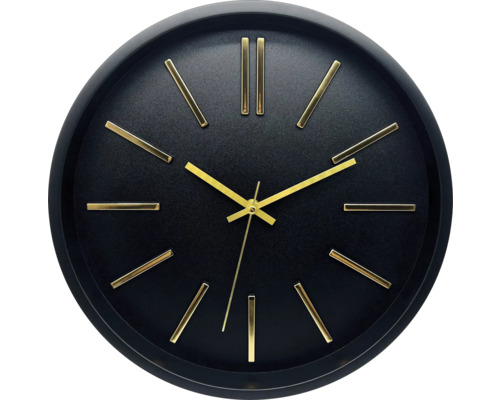 Ceas de perete negru cu indicatoare și marcaje aurii
