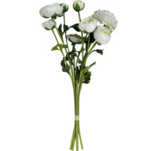 Buchetă de ranunculus albi artificiali cu tulpini și frunze verzi.