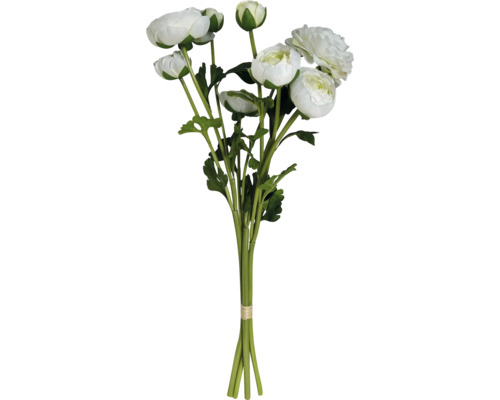 Buchetă de ranunculus albi artificiali cu tulpini și frunze verzi.