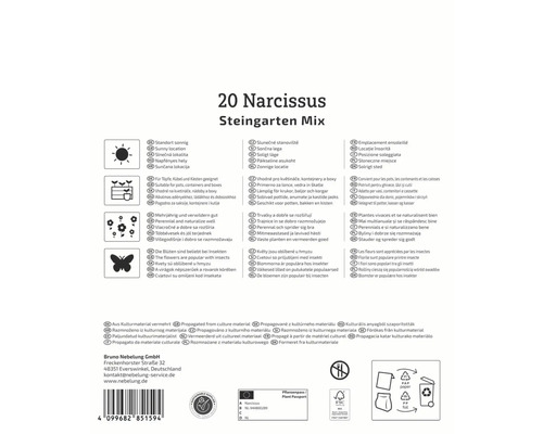 Ambalaj pentru 20 Narcissus Steingarten Mix cu informații despre locație, utilizare, caracteristici și origine
