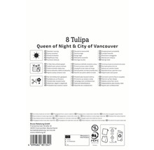Ambalaj pentru 8 lalele din soiurile Queen of Night și City of Vancouver cu informații despre locație, utilizare și origine
