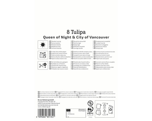 Ambalaj pentru 8 lalele din soiurile Queen of Night și City of Vancouver cu informații despre locație, utilizare și origine