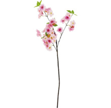 Ramură decorativă de cireș cu flori roz și frunze verzi.