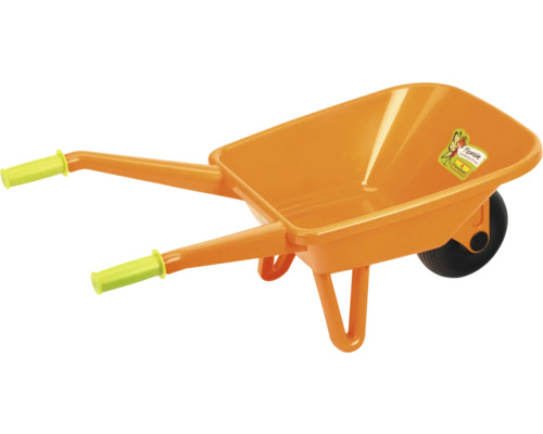 Roabă portocalie din plastic pentru copii cu mâner verde