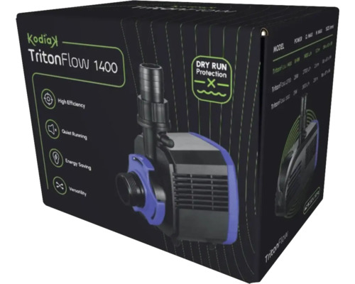 Ambalajul unei pompe Kodiak TritonFlow 1400 cu indicații privind eficiența ridicată, funcționarea silențioasă, economisirea de energie, versatilitatea și protecția împotriva funcționării uscate.
