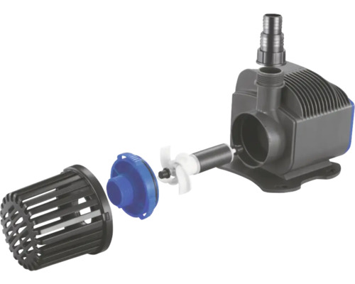 Vizualizare explodată a unei pompe de iaz cu coș de filtrare și rotor