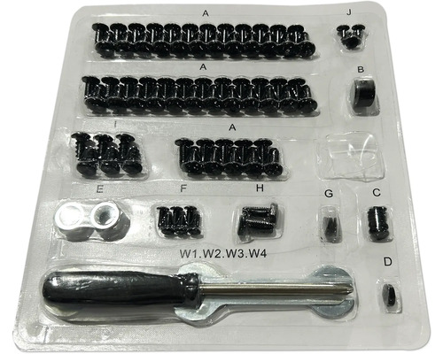 Set de șuruburi și unelte într-un ambalaj transparent.