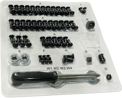 Piesă de schimb Tenneker Carbon U Pachet șuruburi 3B CS83 Assortiment de șuruburi, piulițe și o șurubelniță într-un ambalaj transparent din plastic.