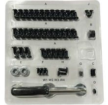 Material de fixare, inclusiv șuruburi, piulițe și scule în ambalaj din plastic