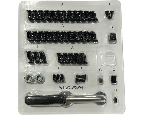 Material de fixare, inclusiv șuruburi, piulițe și scule în ambalaj din plastic