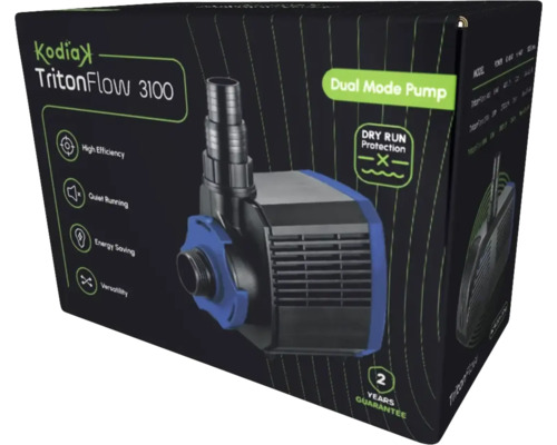 Ambalajul pompei de iaz Kodiax TritonFlow 3100 cu protecție la funcționare uscată și garanție de doi ani