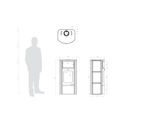 Desen tehnic al unui cuptor cu specificații de dimensiuni.