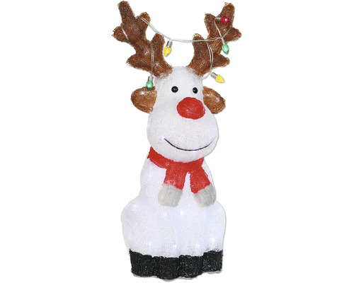 Figurină ren Lafiora acryl 60 LED-uri H 53 cm alb rece Figurină decorativă ren cu coarne, șir de lumini și fular roșu ca decorațiune de Crăciun.