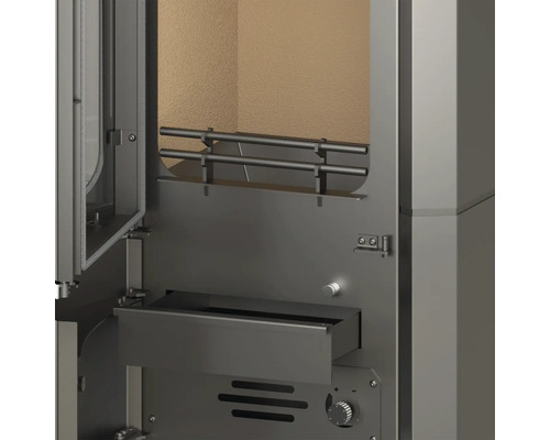 Imagine din interiorul unui șemineu cu cameră de ardere, cenușar și panou de control