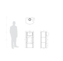 Desen tehnic al unui șemineu cu dimensiuni și comparație de dimensiune printr-o siluetă umană.