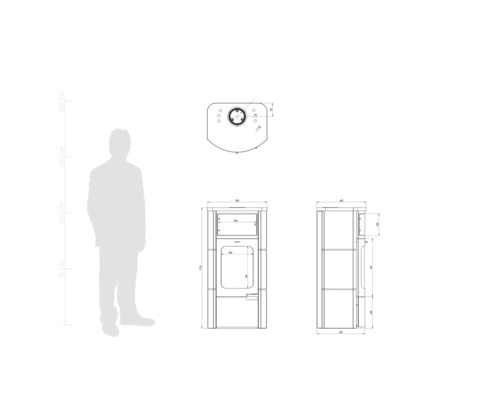 Desen tehnic al unui șemineu cu dimensiuni și comparație de dimensiune printr-o siluetă umană.