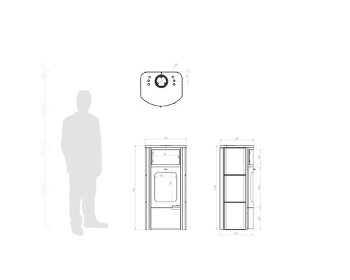 Desen tehnic al unui cuptor cu dimensiuni și comparație de dimensiune